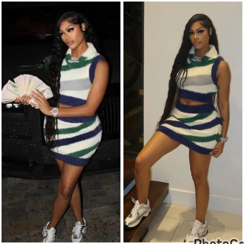 White/Green Sweater Skirt Set